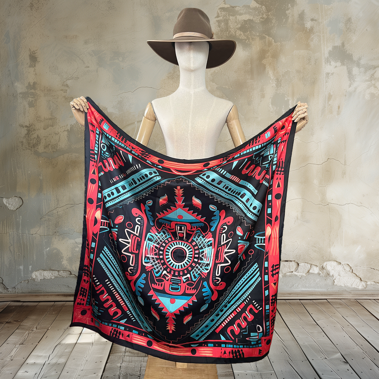 Infuse your style with Tribal Essence Wild Rag. A tribal Aztec-style print on black, with turquoise, orange, and red details, graces this 39" square of&nbsp;

100% satin silk. Elevate your look with this bold and culturally inspired accessory.