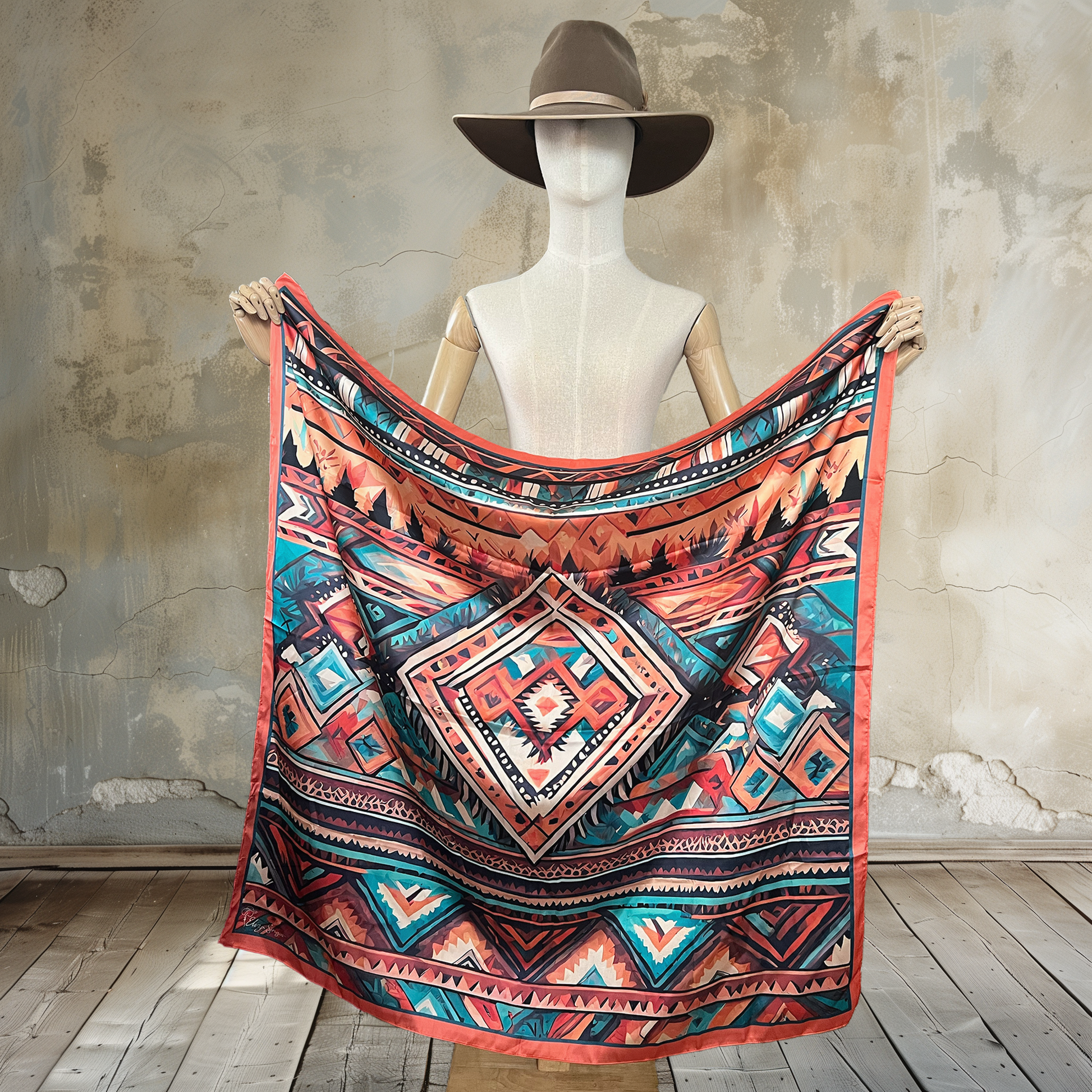 Embrace Native American inspiration with Tribal Horizon Wild Rag. A tribal print in orange and brown tones, with blue/turquoise accents, adorns this 39" square of

100% satin silk. Elevate your style with this culturally rich and vibrant accessory.