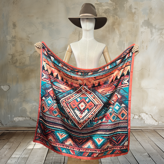Embrace Native American inspiration with Tribal Horizon Wild Rag. A tribal print in orange and brown tones, with blue/turquoise accents, adorns this 39" square of

100% satin silk. Elevate your style with this culturally rich and vibrant accessory.