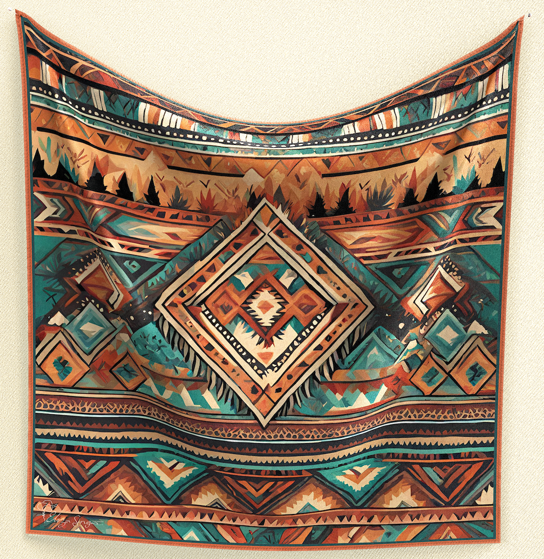 Embrace Native American inspiration with Tribal Horizon Wild Rag. Crafted from poly/mulberry silk, this 35" square features a tribal print in orange and brown tones, with blue/turquoise accents, adding cultural richness and vibrancy to your ensemble.