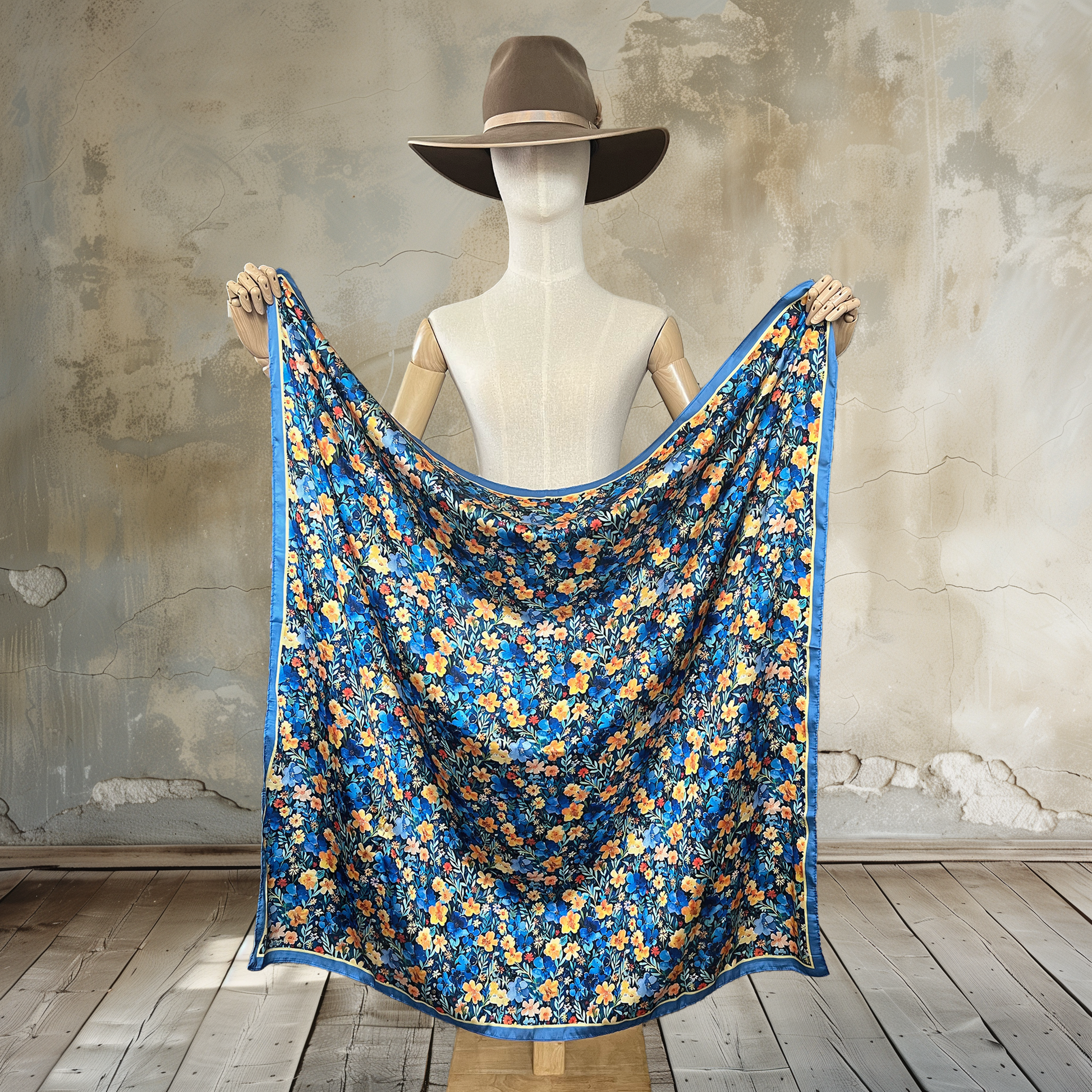 Add a pop of color to your ensemble with Vibrant Summer Blossoms Wild Rag. Made from 100% satin silk in a vibrant 39" square, this scarf features ditsy summer blossoms in vibrant blue and yellow colors. Elevate your look with this bold and lively accessory.