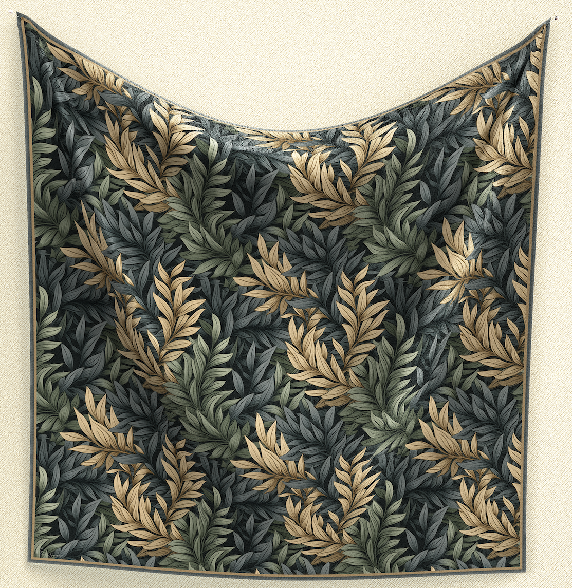 Find tranquility with our Whispering Leaves Wild Rag. Shades of grey/blue, wheat, and green form delicate leaf patterns on this 35" square of poly/mulberry silk. Elevate your style with this subtle and nature-inspired accessory.