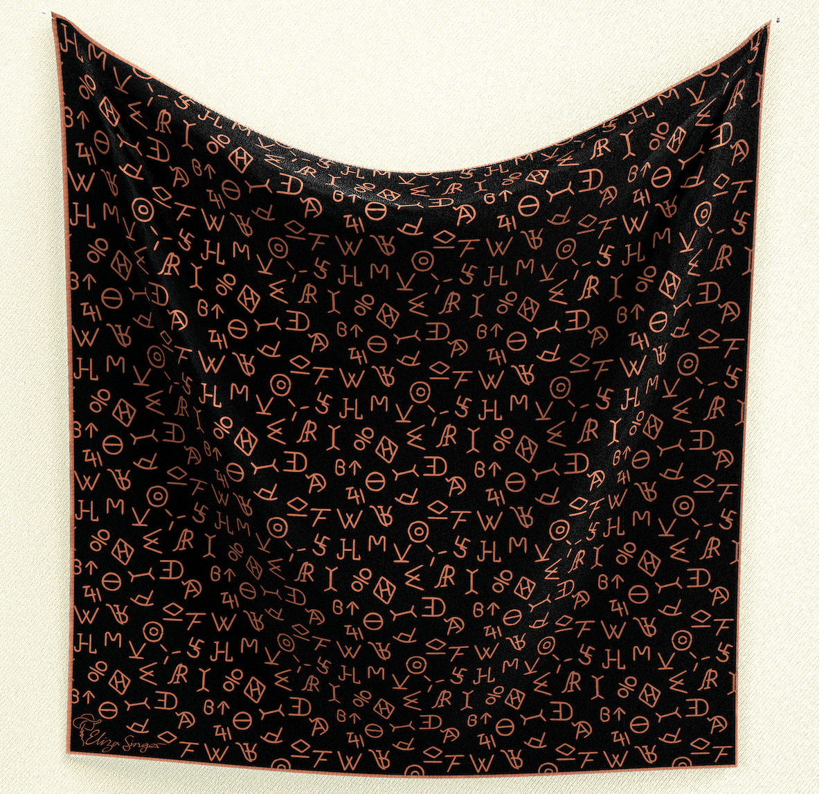 Make a statement with Brandished Elegance Wild Rag. Crafted from poly/mulberry silk, this 35" square showcases burnt orange cattle brands on a black background. Elevate your Western style with this bold and sophisticated accessory.