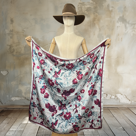 Step into a world of elegance with our Cherry Blossom Serenade Wild Rag. A light blue background adorned with burgundy cherry blossoms and birds graces this 39" square of&nbsp;

100% satin silk. Elevate your outfit with this timeless accessory.
